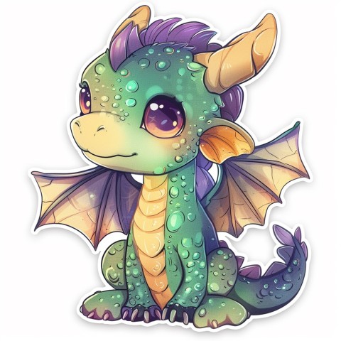 Cute Kawaii Stickers Mischievous Dragon with Tiny Wings on White Background (160)