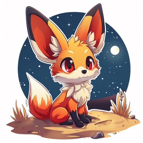 Cute Kawaii Stickers Playful Fennec Fox on Dune Under Moonlight on White Background (10)