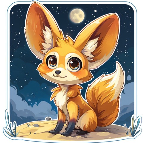 Cute Kawaii Stickers Playful Fennec Fox on Dune Under Moonlight on White Background (14)