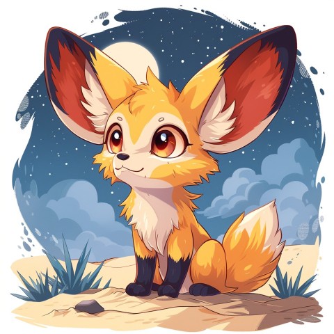 Cute Kawaii Stickers Playful Fennec Fox on Dune Under Moonlight on White Background (4)