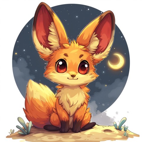 Cute Kawaii Stickers Playful Fennec Fox on Dune Under Moonlight on White Background (38)