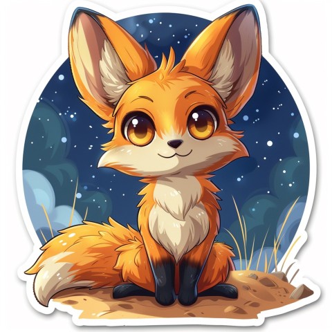 Cute Kawaii Stickers Playful Fennec Fox on Dune Under Moonlight on White Background (37)