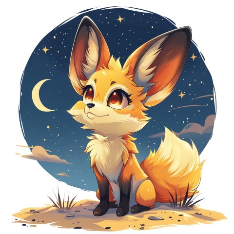 Cute Kawaii Stickers Playful Fennec Fox on Dune Under Moonlight on White Background (22)