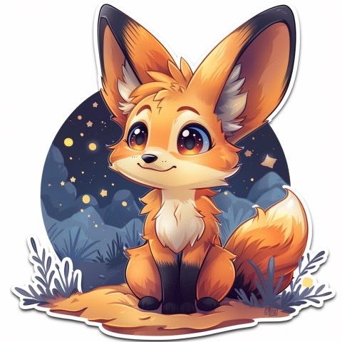 Cute Kawaii Stickers Playful Fennec Fox on Dune Under Moonlight on White Background (28)