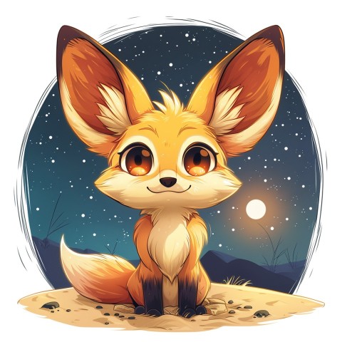 Cute Kawaii Stickers Playful Fennec Fox on Dune Under Moonlight on White Background (35)