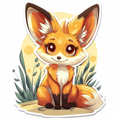 Cute Kawaii Stickers Playful Fennec Fox on Dune Under Moonlight on White Background (58)