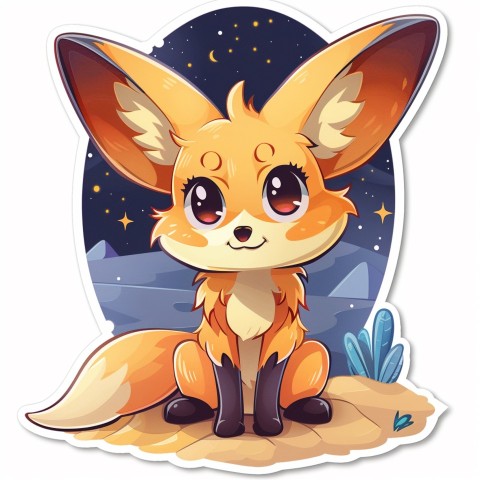 Cute Kawaii Stickers Playful Fennec Fox on Dune Under Moonlight on White Background (53)