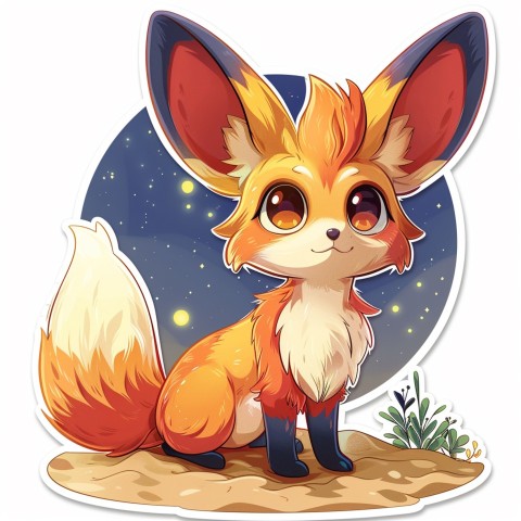 Cute Kawaii Stickers Playful Fennec Fox on Dune Under Moonlight on White Background (41)