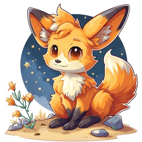 Cute Kawaii Stickers Playful Fennec Fox on Dune Under Moonlight on White Background (42)