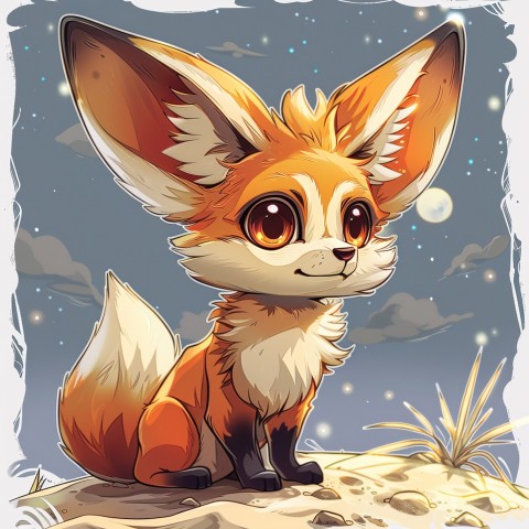 Cute Kawaii Stickers Playful Fennec Fox on Dune Under Moonlight on White Background (51)