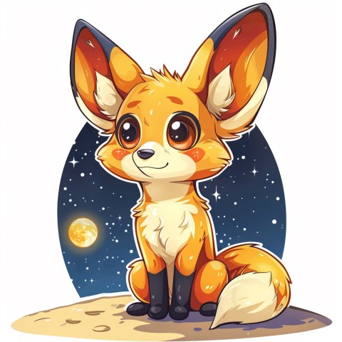 Cute Kawaii Stickers Playful Fennec Fox on Dune Under Moonlight on White Background (62)