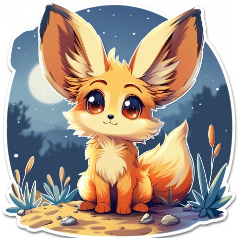 Cute Kawaii Stickers Playful Fennec Fox on Dune Under Moonlight on White Background (75)