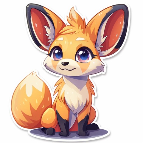 Cute Kawaii Stickers Playful Fennec Fox on Dune Under Moonlight on White Background (94)