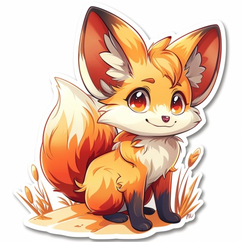 Cute Kawaii Stickers Playful Fennec Fox on Dune Under Moonlight on White Background (88)