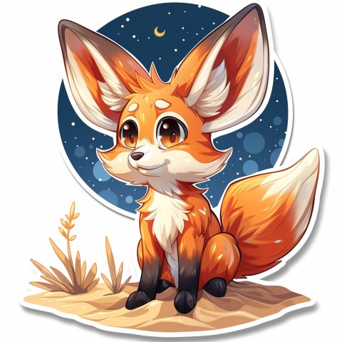 Cute Kawaii Stickers Playful Fennec Fox on Dune Under Moonlight on White Background (84)