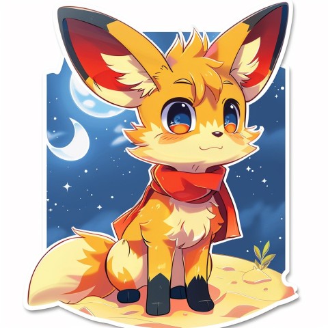 Cute Kawaii Stickers Playful Fennec Fox on Dune Under Moonlight on White Background (100)