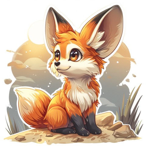 Cute Kawaii Stickers Playful Fennec Fox on Dune Under Moonlight on White Background (82)