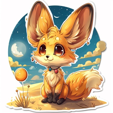 Cute Kawaii Stickers Playful Fennec Fox on Dune Under Moonlight on White Background (86)