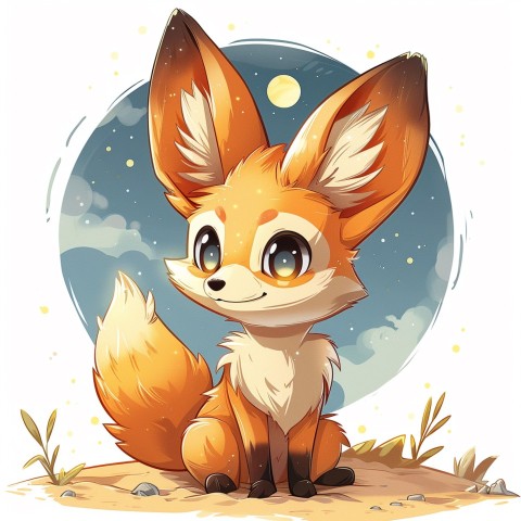 Cute Kawaii Stickers Playful Fennec Fox on Dune Under Moonlight on White Background (153)