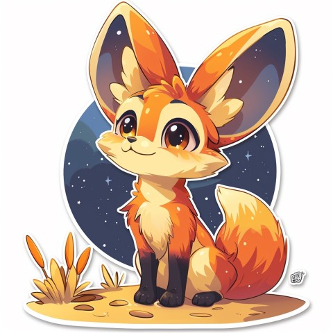 Cute Kawaii Stickers Playful Fennec Fox on Dune Under Moonlight on White Background (172)