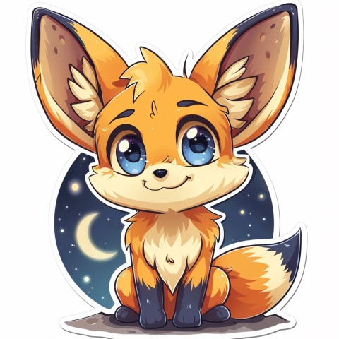 Cute Kawaii Stickers Playful Fennec Fox on Dune Under Moonlight on White Background (164)