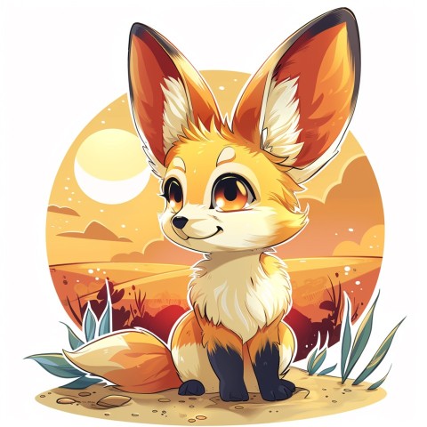 Cute Kawaii Stickers Playful Fennec Fox on Dune Under Moonlight on White Background (217)