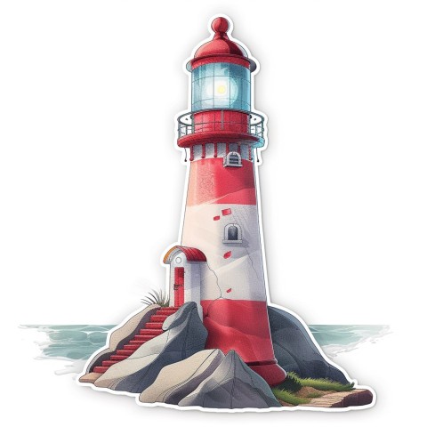 Cute Kawaii Stickers Serene Lighthouse Beaming Gentle Light on White Background (26)