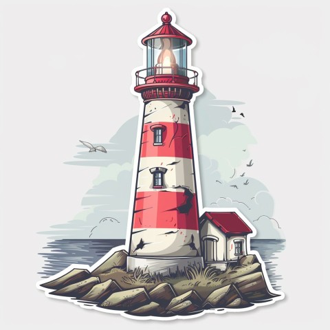 Cute Kawaii Stickers Serene Lighthouse Beaming Gentle Light on White Background (24)