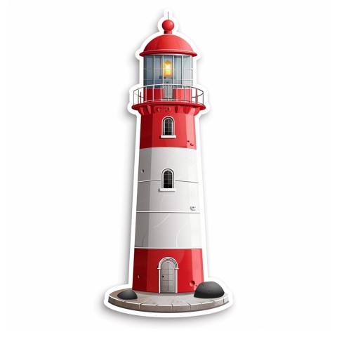 Cute Kawaii Stickers Serene Lighthouse Beaming Gentle Light on White Background (42)