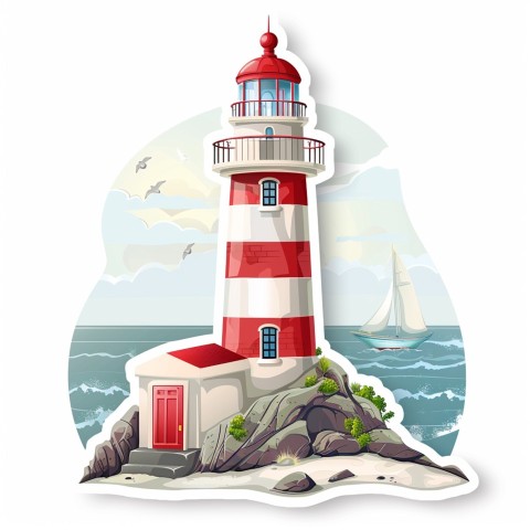 Cute Kawaii Stickers Serene Lighthouse Beaming Gentle Light on White Background (41)