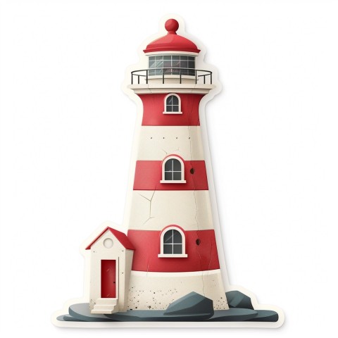 Cute Kawaii Stickers Serene Lighthouse Beaming Gentle Light on White Background (60)