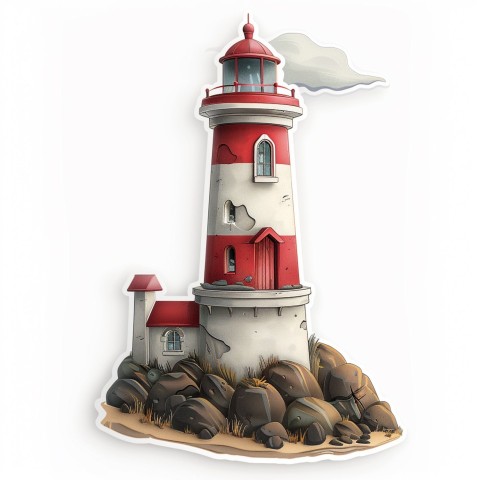 Cute Kawaii Stickers Serene Lighthouse Beaming Gentle Light on White Background (58)