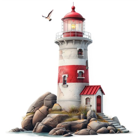 Cute Kawaii Stickers Serene Lighthouse Beaming Gentle Light on White Background (52)