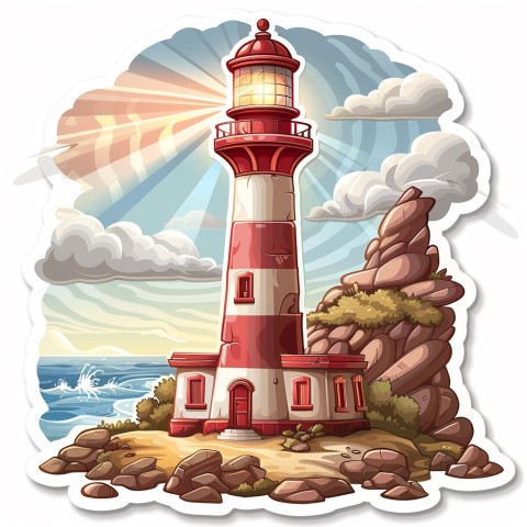 Cute Kawaii Stickers Serene Lighthouse Beaming Gentle Light on White Background (46)