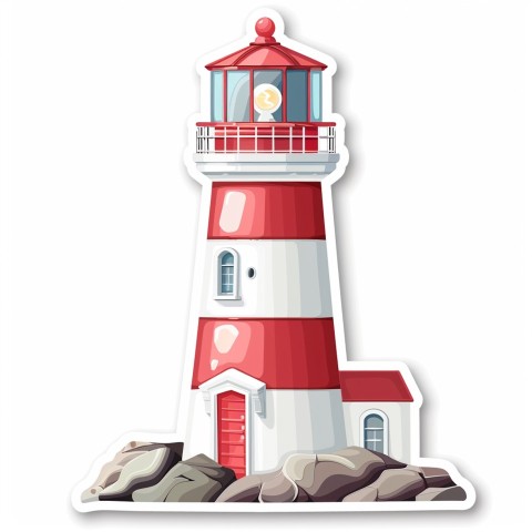 Cute Kawaii Stickers Serene Lighthouse Beaming Gentle Light on White Background (69)