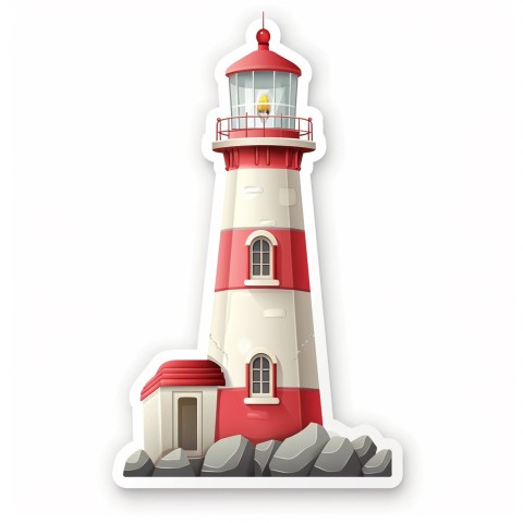 Cute Kawaii Stickers Serene Lighthouse Beaming Gentle Light on White Background (66)