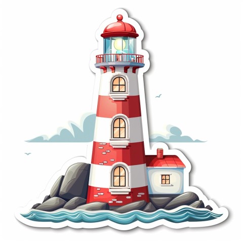 Cute Kawaii Stickers Serene Lighthouse Beaming Gentle Light on White Background (67)