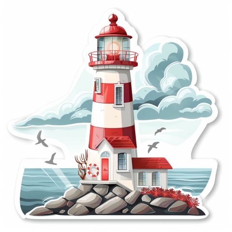 Cute Kawaii Stickers Serene Lighthouse Beaming Gentle Light on White Background (79)