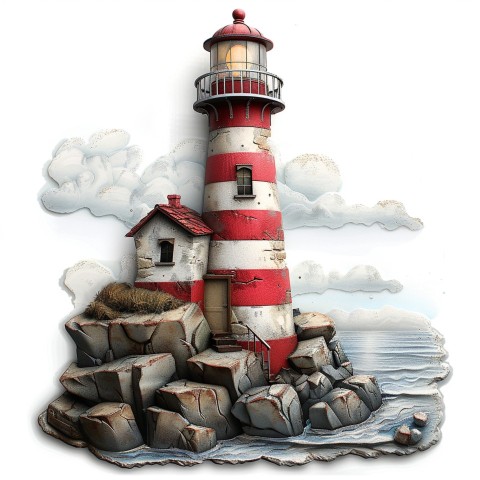 Cute Kawaii Stickers Serene Lighthouse Beaming Gentle Light on White Background (76)