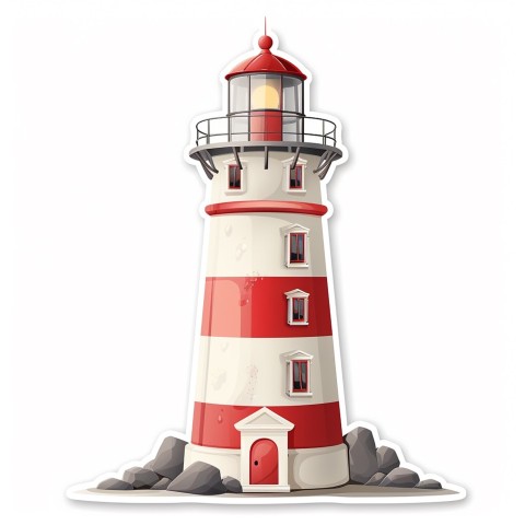 Cute Kawaii Stickers Serene Lighthouse Beaming Gentle Light on White Background (99)