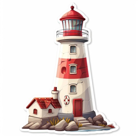 Cute Kawaii Stickers Serene Lighthouse Beaming Gentle Light on White Background (86)