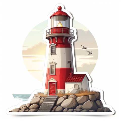 Cute Kawaii Stickers Serene Lighthouse Beaming Gentle Light on White Background (81)