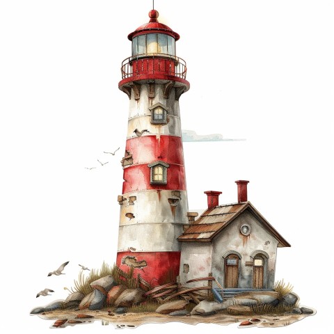 Cute Kawaii Stickers Serene Lighthouse Beaming Gentle Light on White Background (82)