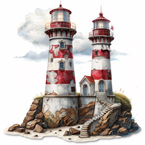 Cute Kawaii Stickers Serene Lighthouse Beaming Gentle Light on White Background (87)