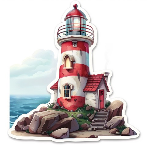 Cute Kawaii Stickers Serene Lighthouse Beaming Gentle Light on White Background (83)