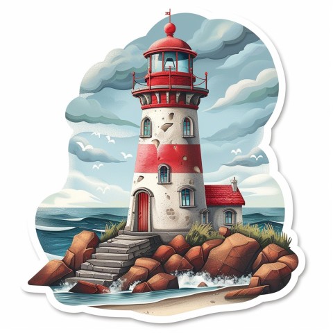 Cute Kawaii Stickers Serene Lighthouse Beaming Gentle Light on White Background (97)