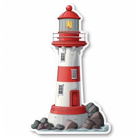 Cute Kawaii Stickers Serene Lighthouse Beaming Gentle Light on White Background (110)