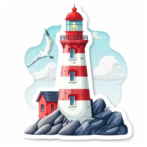 Cute Kawaii Stickers Serene Lighthouse Beaming Gentle Light on White Background (111)