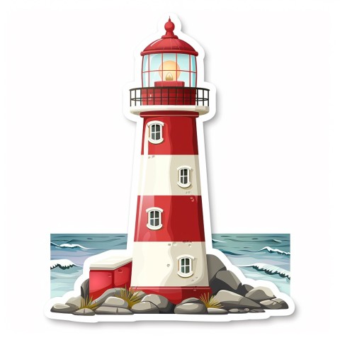 Cute Kawaii Stickers Serene Lighthouse Beaming Gentle Light on White Background (103)