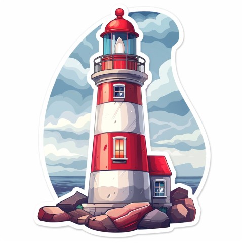 Cute Kawaii Stickers Serene Lighthouse Beaming Gentle Light on White Background (120)